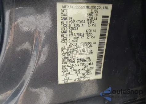 2007 Nissan Armada Le z USA, uszkodzony, nr VIN 5N1BA08A27N709363